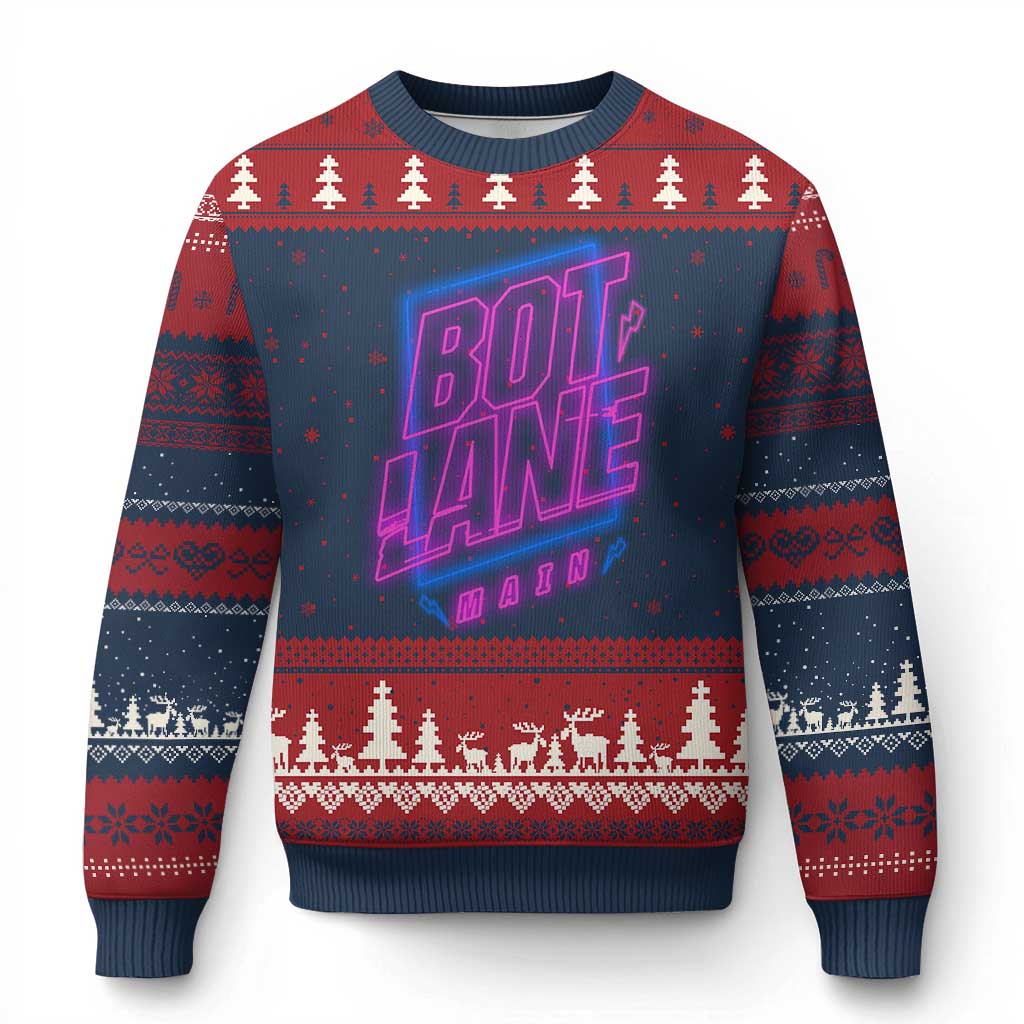 Bot Lane Main Cyberpunk Neon Style Ugly Christmas Sweater Gaming Quote Gift TS12 Navy Red Print Your Wear
