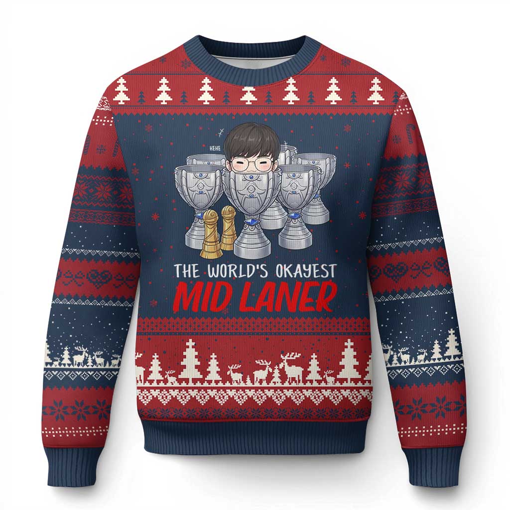 Worlds Okayest Mid Laner Ugly Christmas Sweater Funny Game Lover Gift TS12 Navy Red Print Your Wear