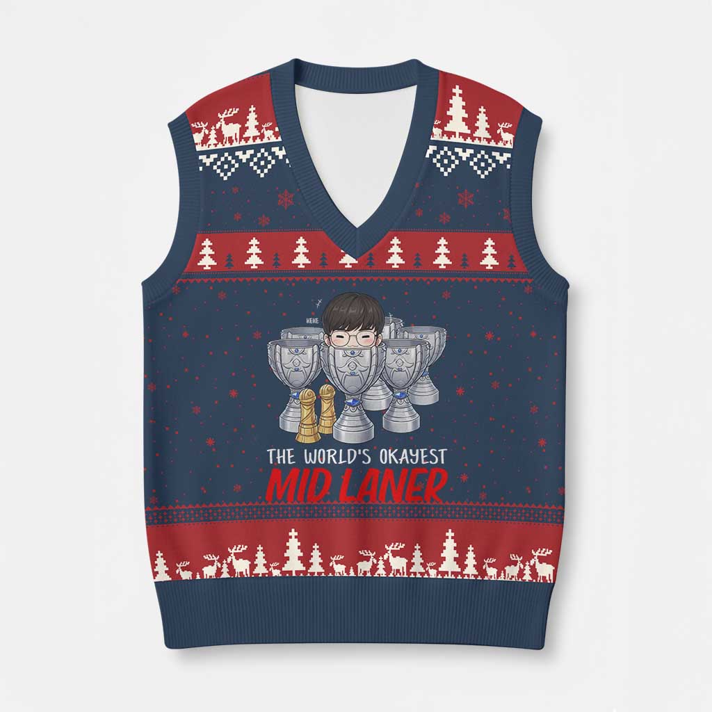 Worlds Okayest Mid Laner V-Neck Knit Sweater Vest Funny Game Lover Gift TS12 Navy Red Print Your Wear