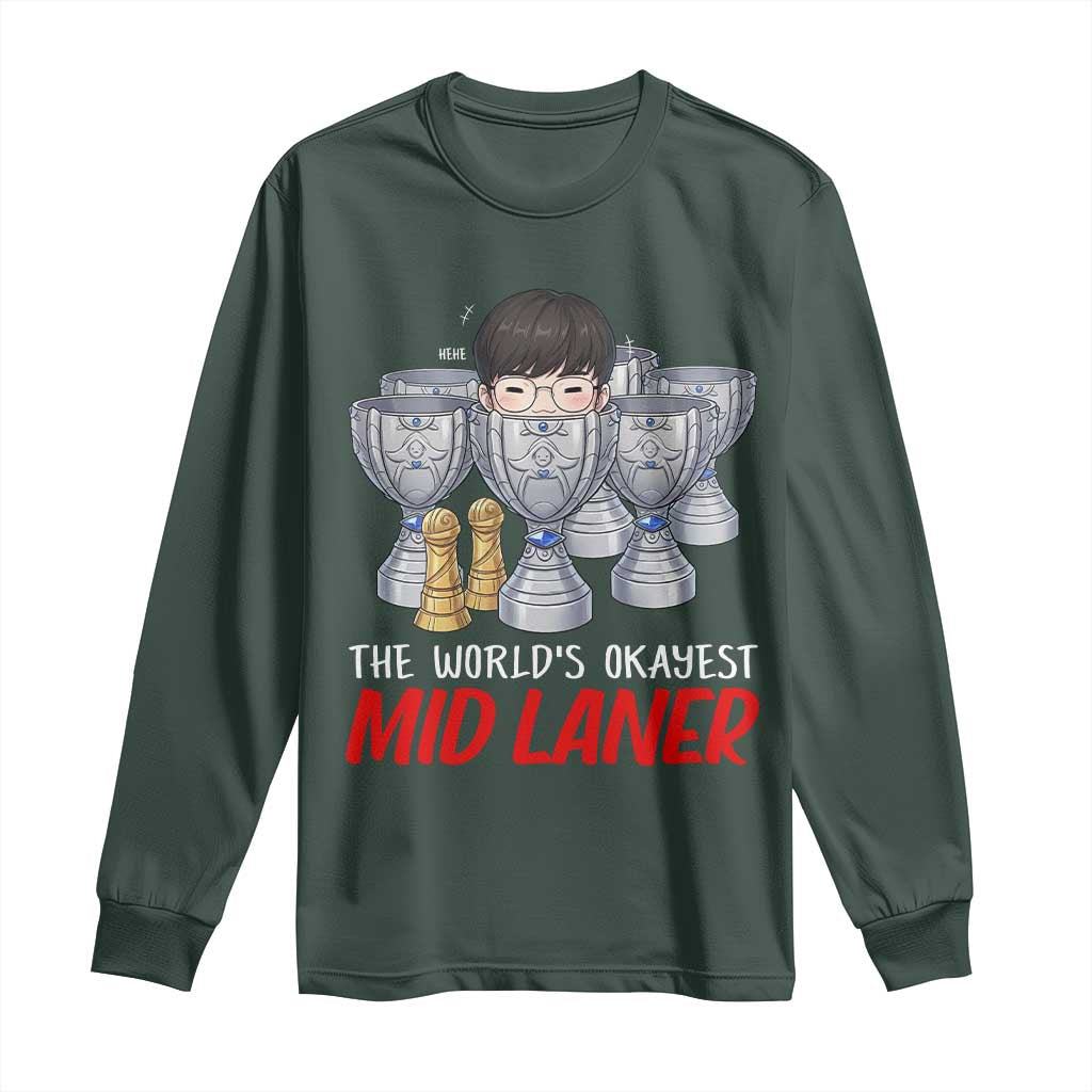 Worlds Okayest Mid Laner Long Sleeve Shirt Funny Game Lover Gift TS12 Dark Forest Green Print Your Wear