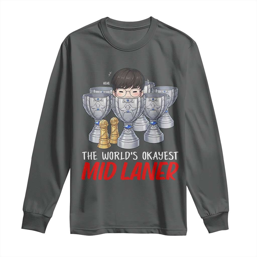 Worlds Okayest Mid Laner Long Sleeve Shirt Funny Game Lover Gift TS12 Dark Heather Print Your Wear