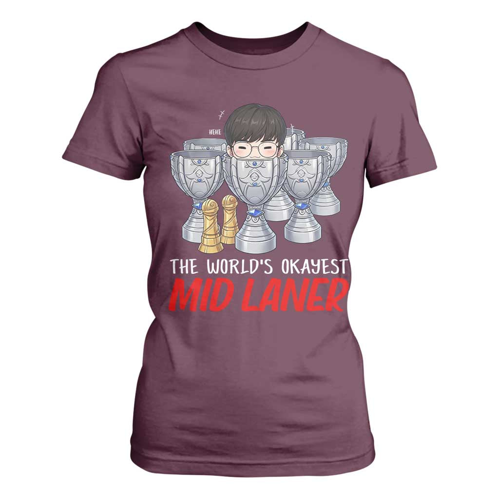 Worlds Okayest Mid Laner T Shirt For Women Funny Game Lover Gift TS12 Maroon Print Your Wear