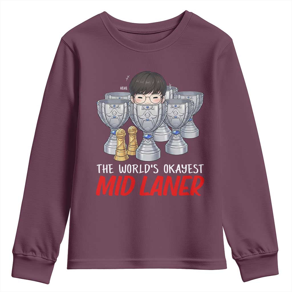 Worlds Okayest Mid Laner Youth Sweatshirt Funny Game Lover Gift TS12 Maroon Print Your Wear