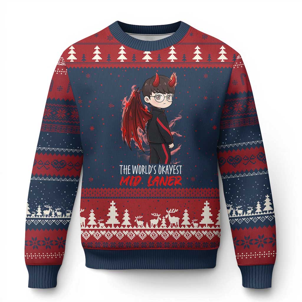 Worlds Okayest Mid Laner Ugly Christmas Sweater Funny Gift For Gamer TS12 Navy Red Print Your Wear