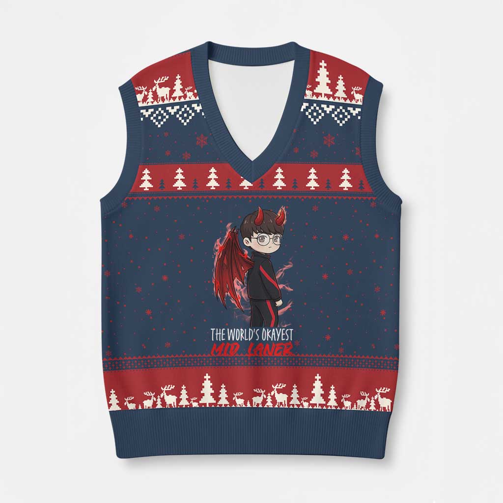Worlds Okayest Mid Laner V-Neck Knit Sweater Vest Funny Gift For Gamer TS12 Navy Red Print Your Wear