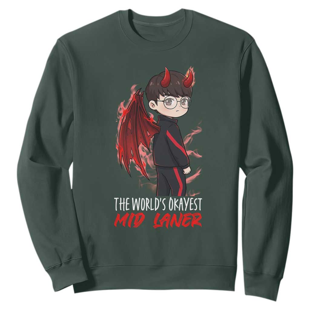 Worlds Okayest Mid Laner Sweatshirt Funny Gift For Gamer TS12 Dark Forest Green Print Your Wear