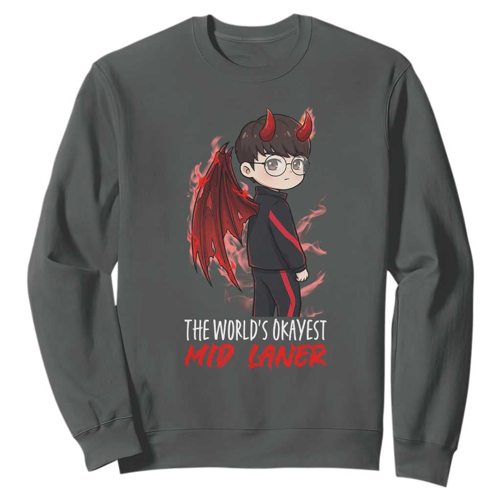 Worlds Okayest Mid Laner Sweatshirt Funny Gift For Gamer TS12 Dark Heather Print Your Wear