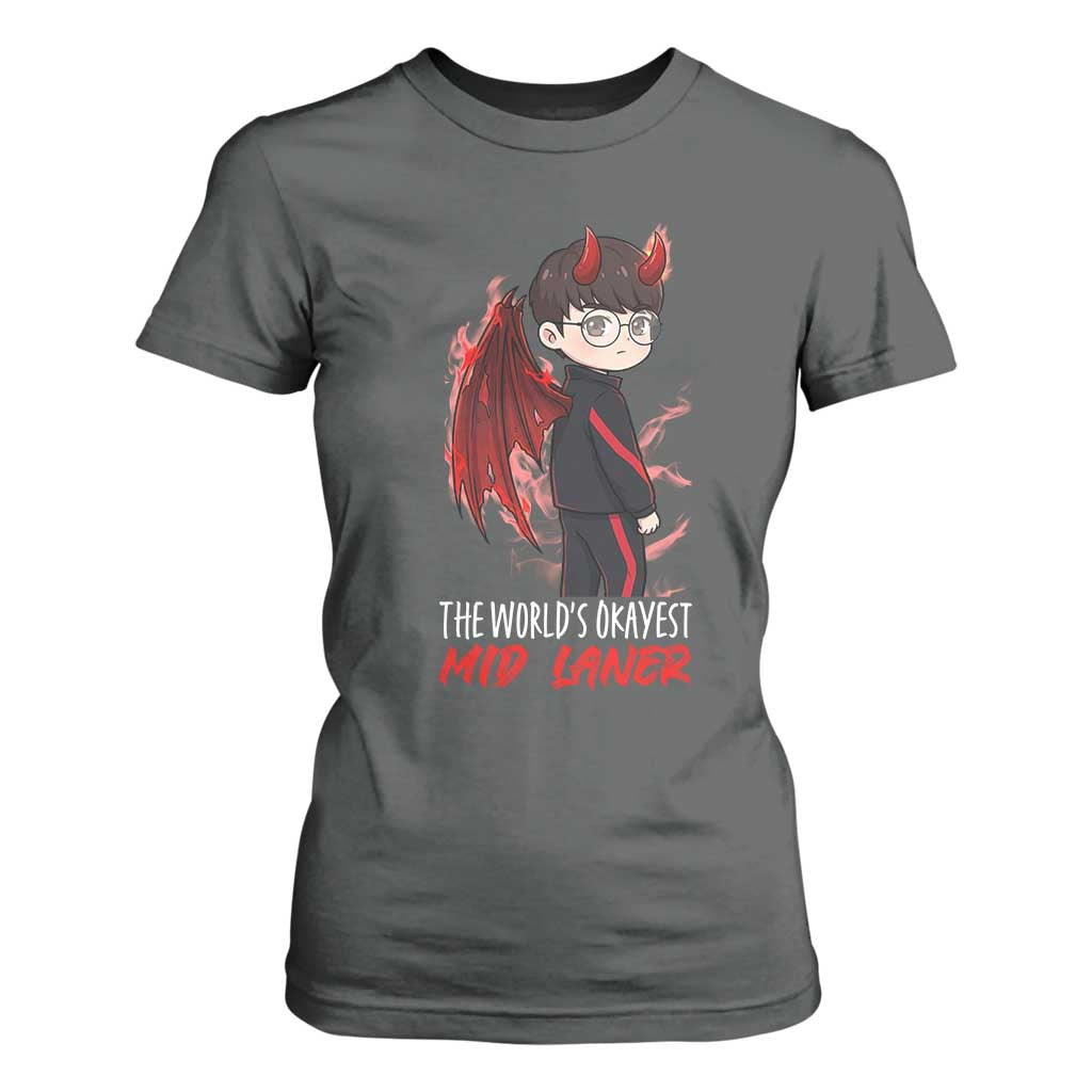 Worlds Okayest Mid Laner T Shirt For Women Funny Gift For Gamer TS12 Dark Heather Print Your Wear