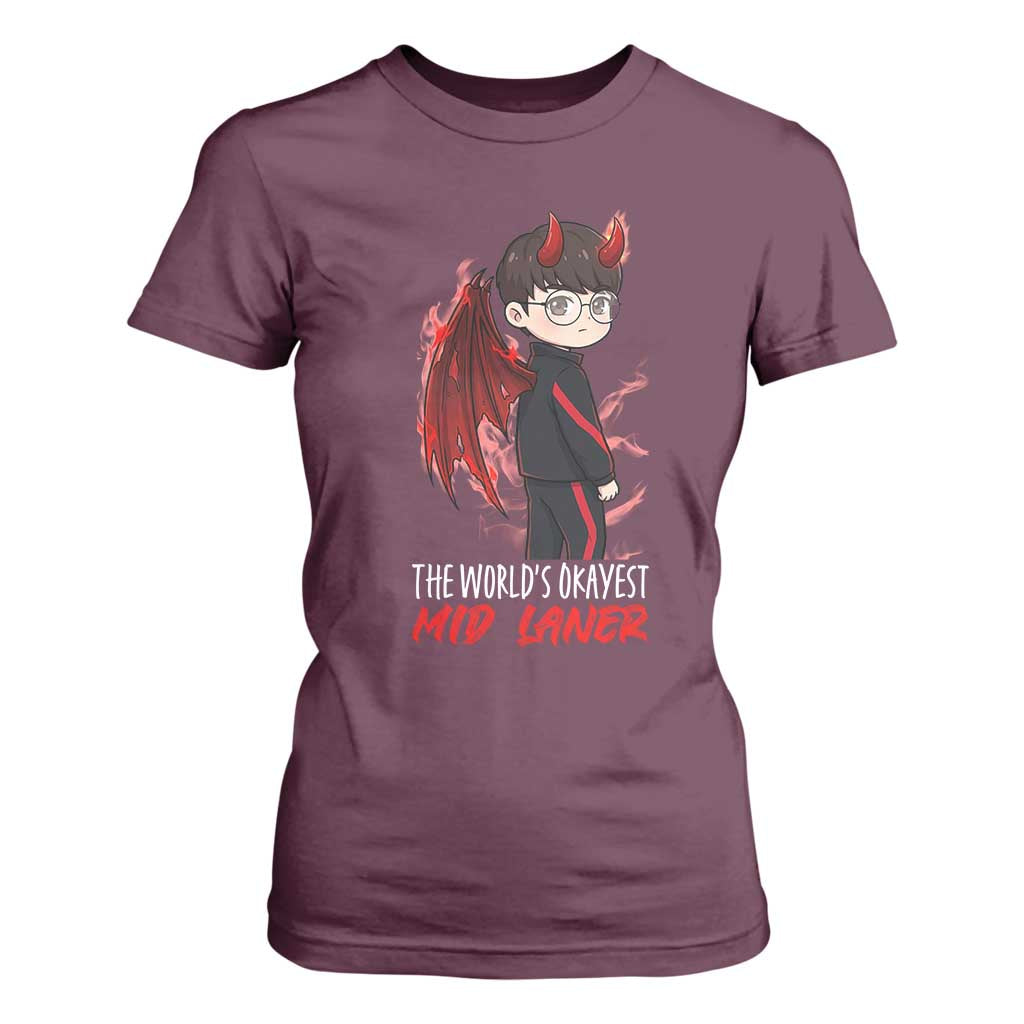 Worlds Okayest Mid Laner T Shirt For Women Funny Gift For Gamer TS12 Maroon Print Your Wear