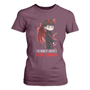 Worlds Okayest Mid Laner T Shirt For Women Funny Gift For Gamer TS12 Maroon Print Your Wear