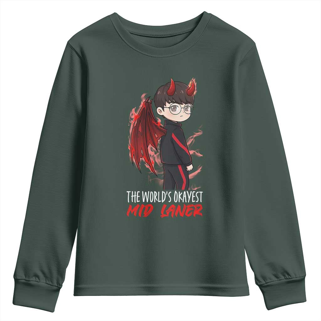 Worlds Okayest Mid Laner Youth Sweatshirt Funny Gift For Gamer TS12 Dark Forest Green Print Your Wear