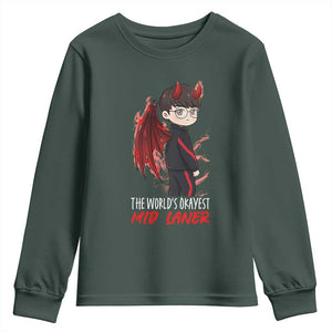 Worlds Okayest Mid Laner Youth Sweatshirt Funny Gift For Gamer TS12 Dark Forest Green Print Your Wear