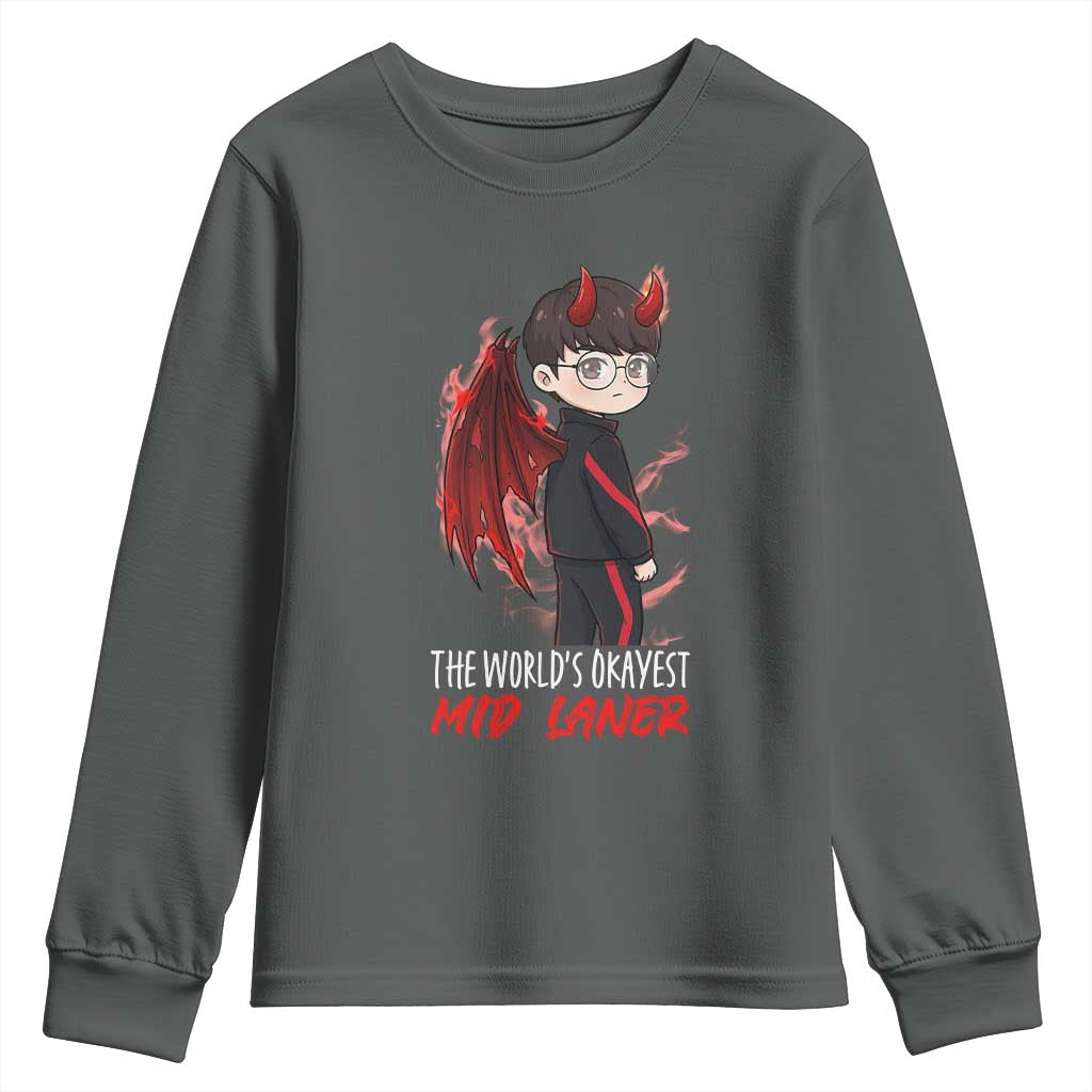 Worlds Okayest Mid Laner Youth Sweatshirt Funny Gift For Gamer TS12 Dark Heather Print Your Wear