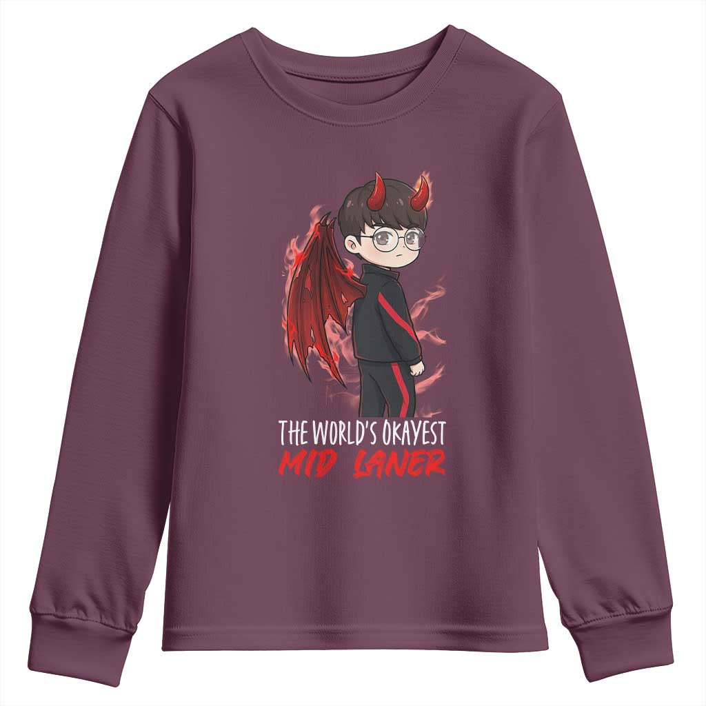 Worlds Okayest Mid Laner Youth Sweatshirt Funny Gift For Gamer TS12 Maroon Print Your Wear