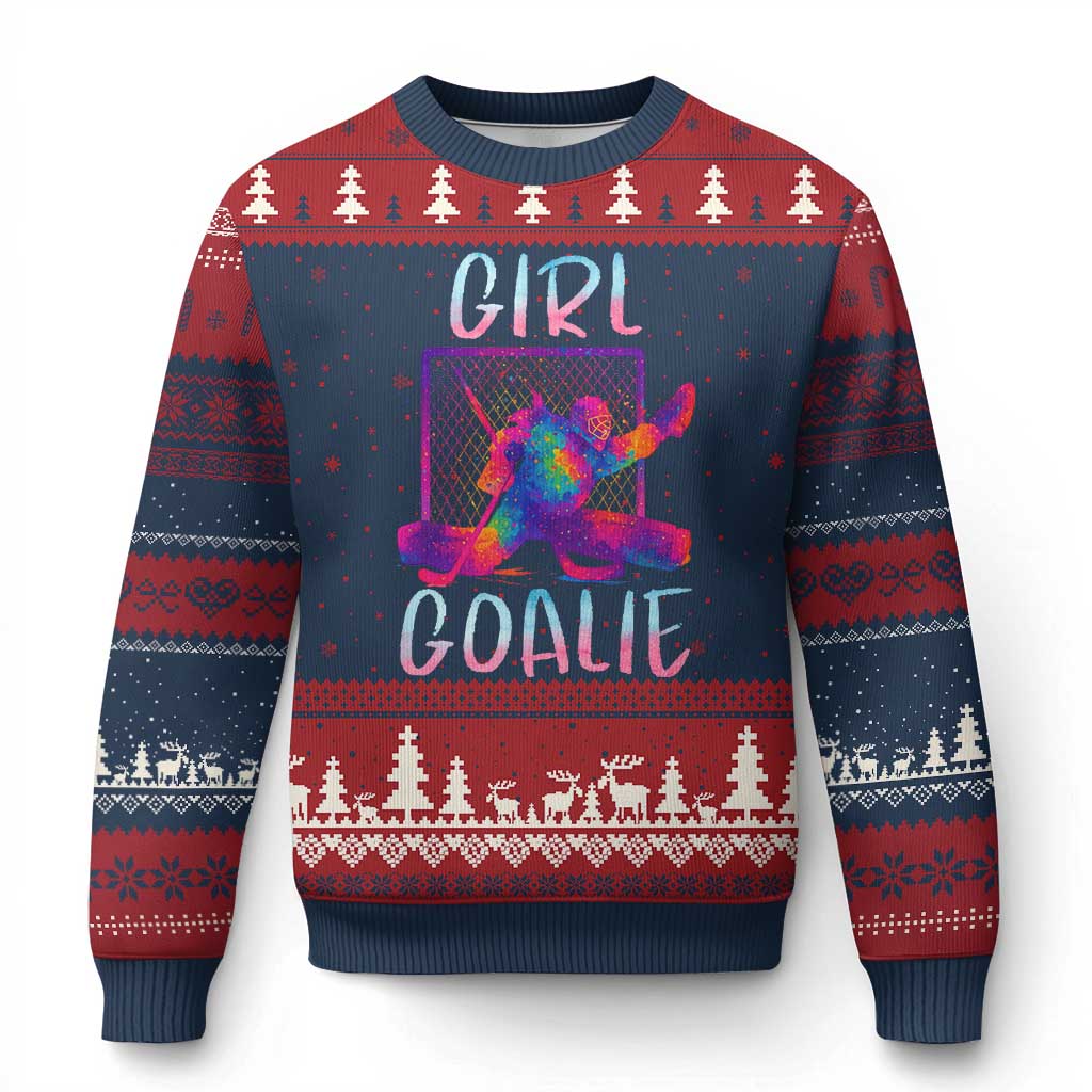 Funny Ice Hockey Girl Goalie Splatter Art Ugly Christmas Sweater Gift For Women TS12 Navy Red Print Your Wear