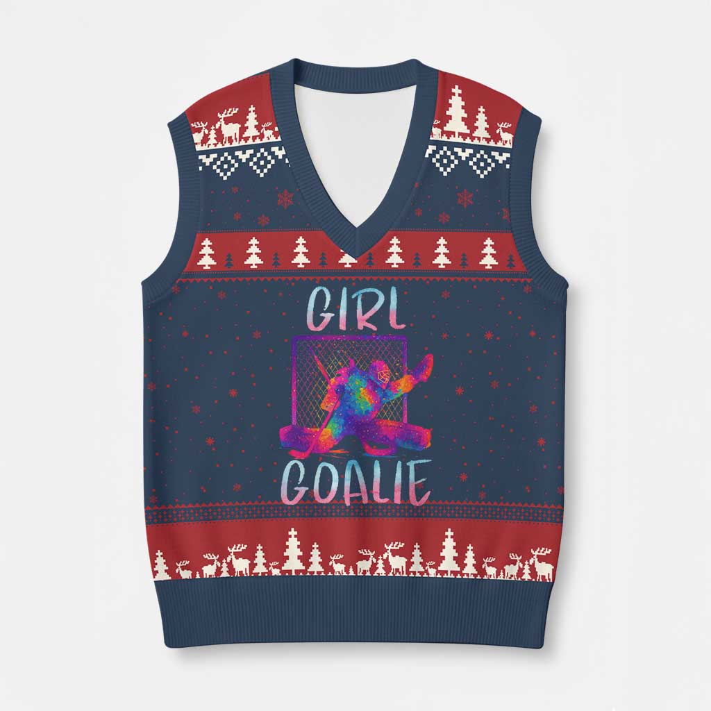 Funny Ice Hockey Girl Goalie Splatter Art V-Neck Knit Sweater Vest Gift For Women TS12 Navy Red Print Your Wear