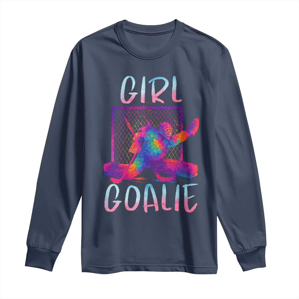 Funny Ice Hockey Girl Goalie Splatter Art Long Sleeve Shirt Gift For Women TS12 Navy Print Your Wear
