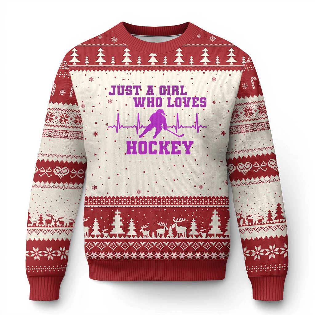 Funny Just A Girl Who Loves Hockey Ugly Christmas Sweater Gift For Women TS12 Beige Red Print Your Wear