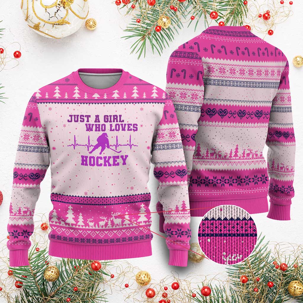 Funny Just A Girl Who Loves Hockey Ugly Christmas Sweater Gift For Women TS12 Hot Pink Print Your Wear