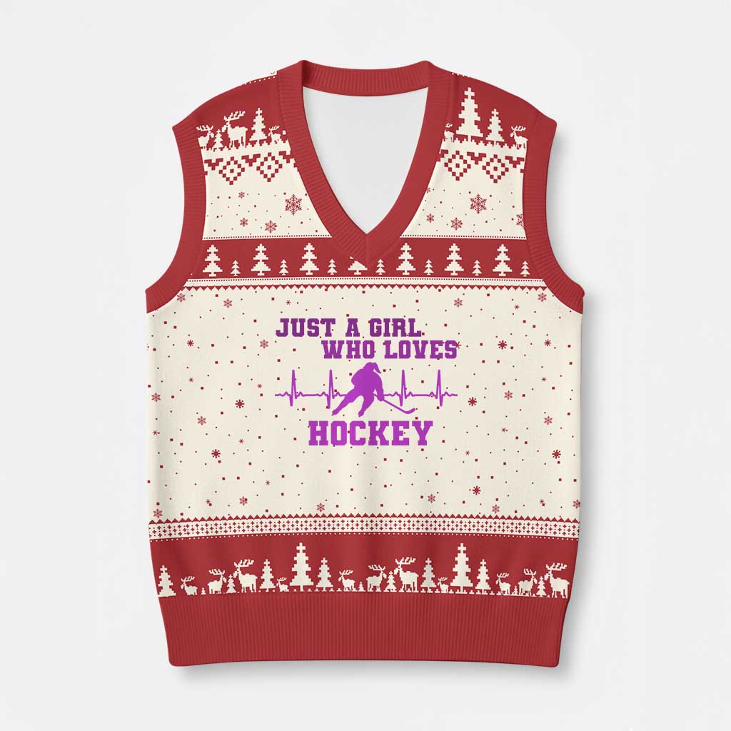 Funny Just A Girl Who Loves Hockey V-Neck Knit Sweater Vest Gift For Women TS12 Beige Red Print Your Wear