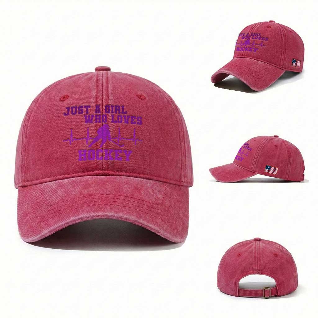 Funny Just A Girl Who Loves Hockey Washed Cotton Baseball Cap Gift For Women TS12 Washed Cap Universal Fit Red Print Your Wear