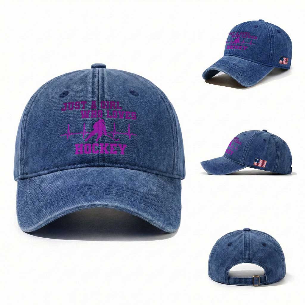 Funny Just A Girl Who Loves Hockey Washed Cotton Baseball Cap Gift For Women TS12 Washed Cap Universal Fit Royal Blue Print Your Wear