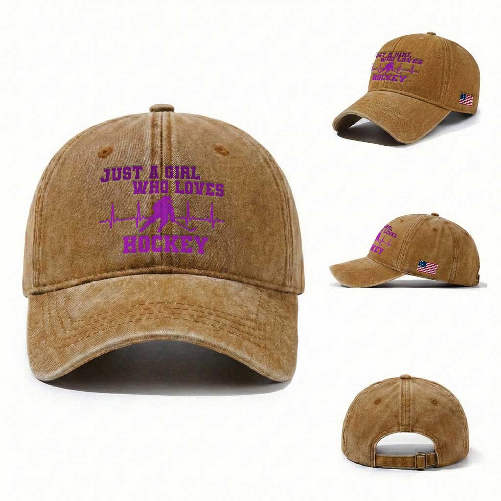Funny Just A Girl Who Loves Hockey Washed Cotton Baseball Cap Gift For Women TS12 Washed Cap Universal Fit Yellow Ochre Print Your Wear