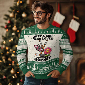 Just A Girl Who Loves Ice Hockey Ugly Christmas Sweater Sports Lover Gift TS12 Beige Green Print Your Wear