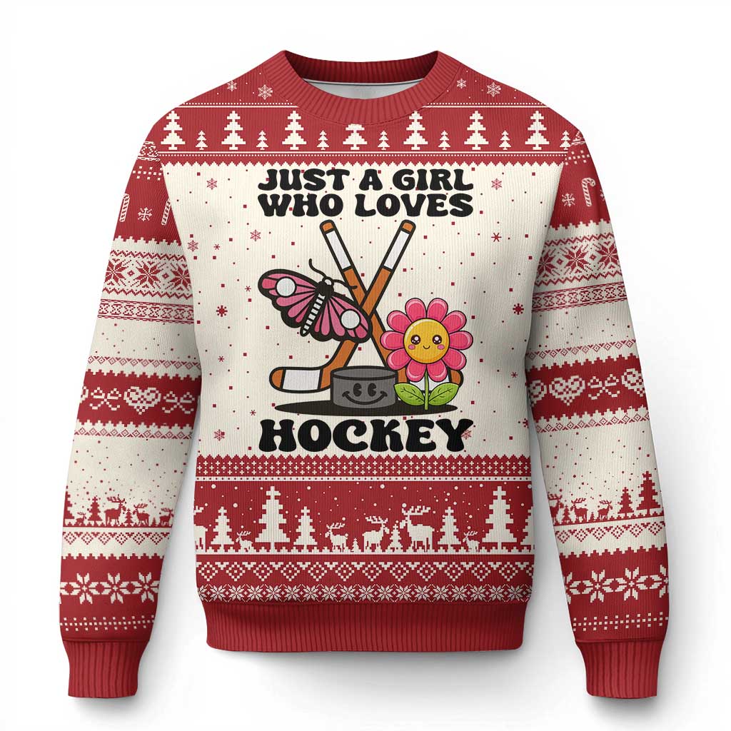 Just A Girl Who Loves Ice Hockey Ugly Christmas Sweater Sports Lover Gift TS12 Beige Red Print Your Wear