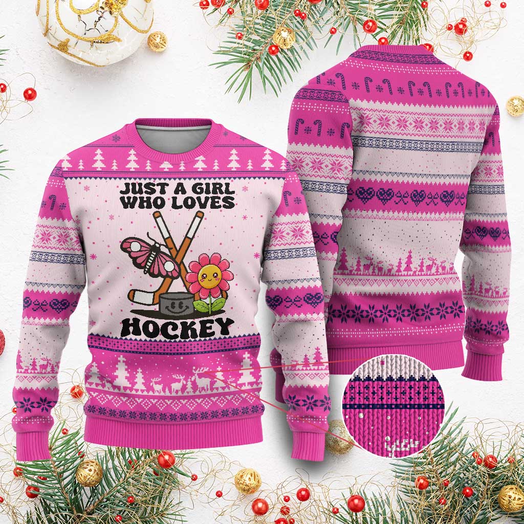 Just A Girl Who Loves Ice Hockey Ugly Christmas Sweater Sports Lover Gift TS12 Hot Pink Print Your Wear