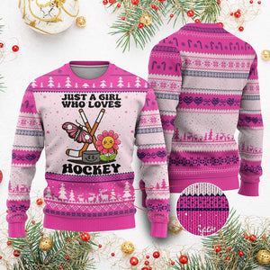 Just A Girl Who Loves Ice Hockey Ugly Christmas Sweater Sports Lover Gift TS12 Hot Pink Print Your Wear