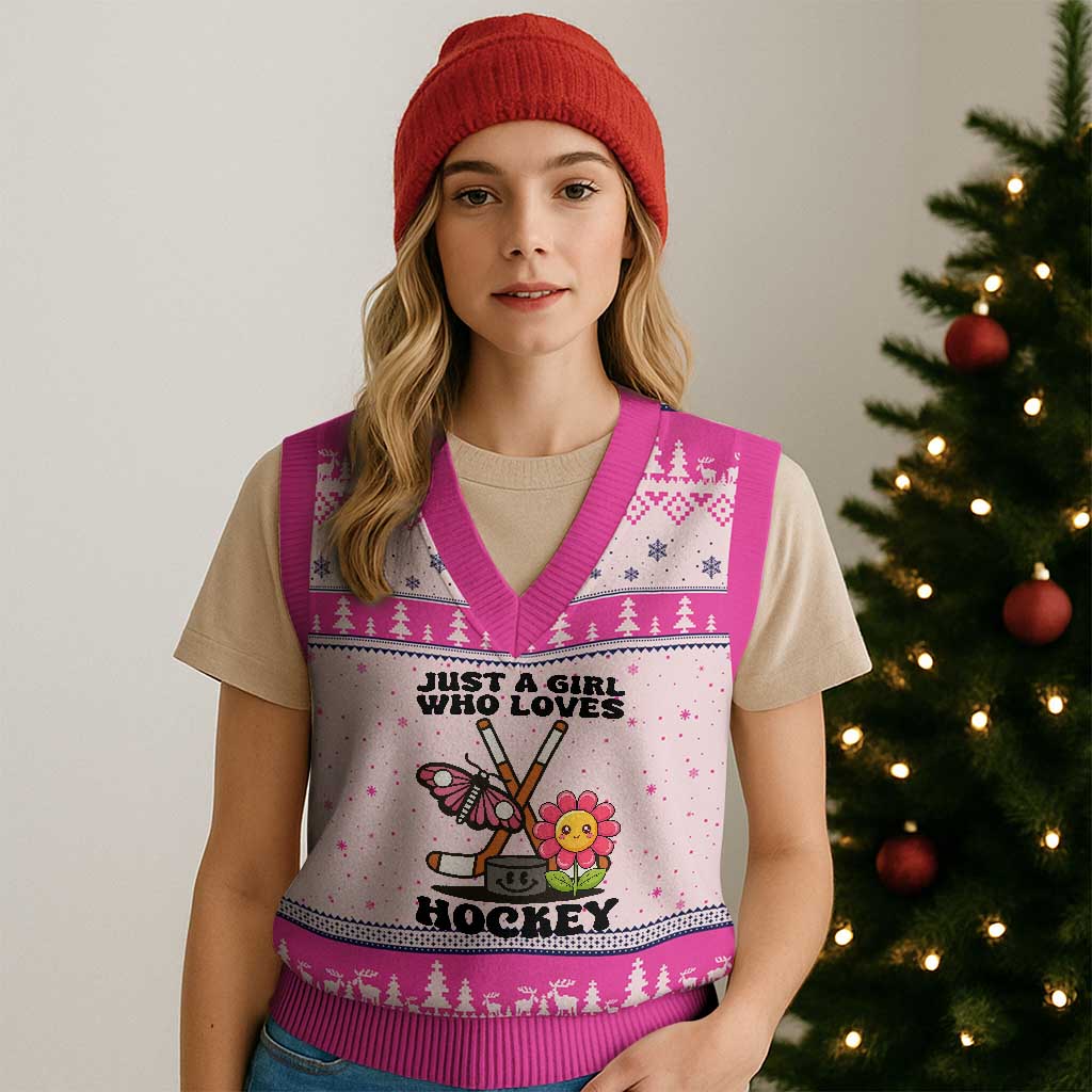 Just A Girl Who Loves Ice Hockey V-Neck Knit Sweater Vest Sports Lover Gift TS12 Hot Pink Print Your Wear