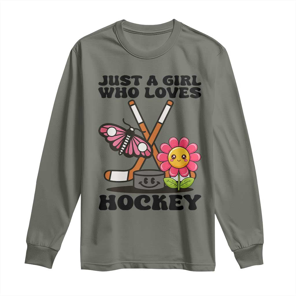 Just A Girl Who Loves Ice Hockey Long Sleeve Shirt Sports Lover Gift TS12 Military Green Print Your Wear