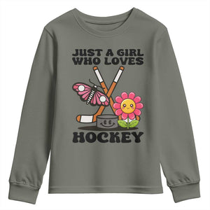 Just A Girl Who Loves Ice Hockey Youth Sweatshirt Sports Lover Gift TS12 Military Green Print Your Wear