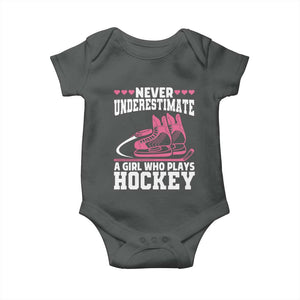 Never Underestimate A Girl Who Plays Hockey Baby Onesie Gift For Women TS12 Dark Heather Print Your Wear