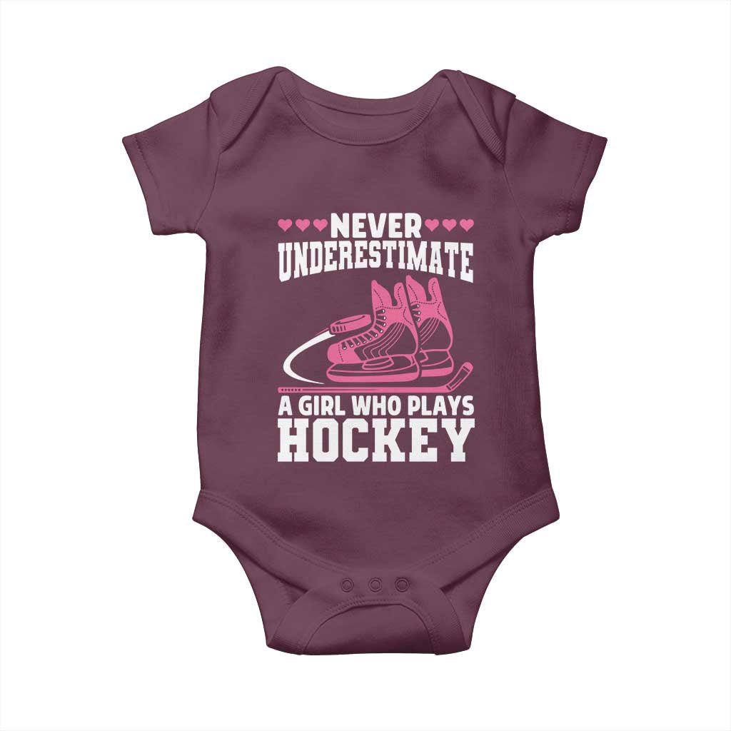 Never Underestimate A Girl Who Plays Hockey Baby Onesie Gift For Women TS12 Maroon Print Your Wear
