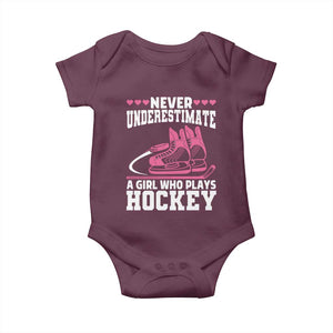 Never Underestimate A Girl Who Plays Hockey Baby Onesie Gift For Women TS12 Maroon Print Your Wear