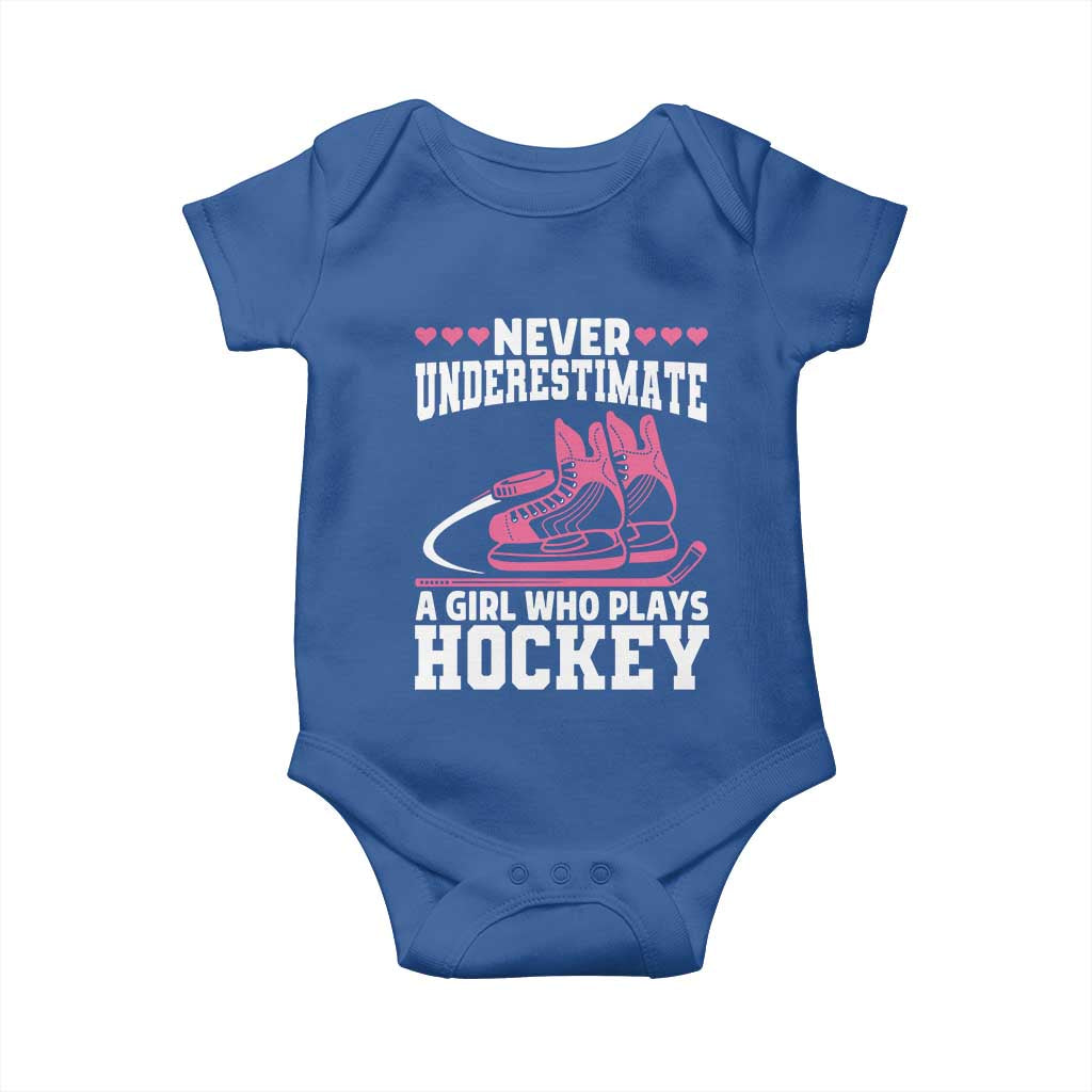 Never Underestimate A Girl Who Plays Hockey Baby Onesie Gift For Women TS12 Royal Blue Print Your Wear