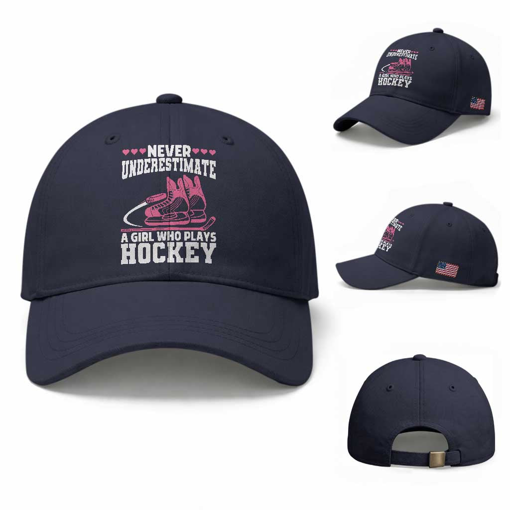 Never Underestimate A Girl Who Plays Hockey Baseball Cap Gift For Women TS12 Baseball Cap Universal Fit Navy Print Your Wear