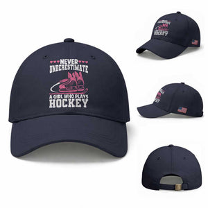 Never Underestimate A Girl Who Plays Hockey Baseball Cap Gift For Women TS12 Baseball Cap Universal Fit Navy Print Your Wear