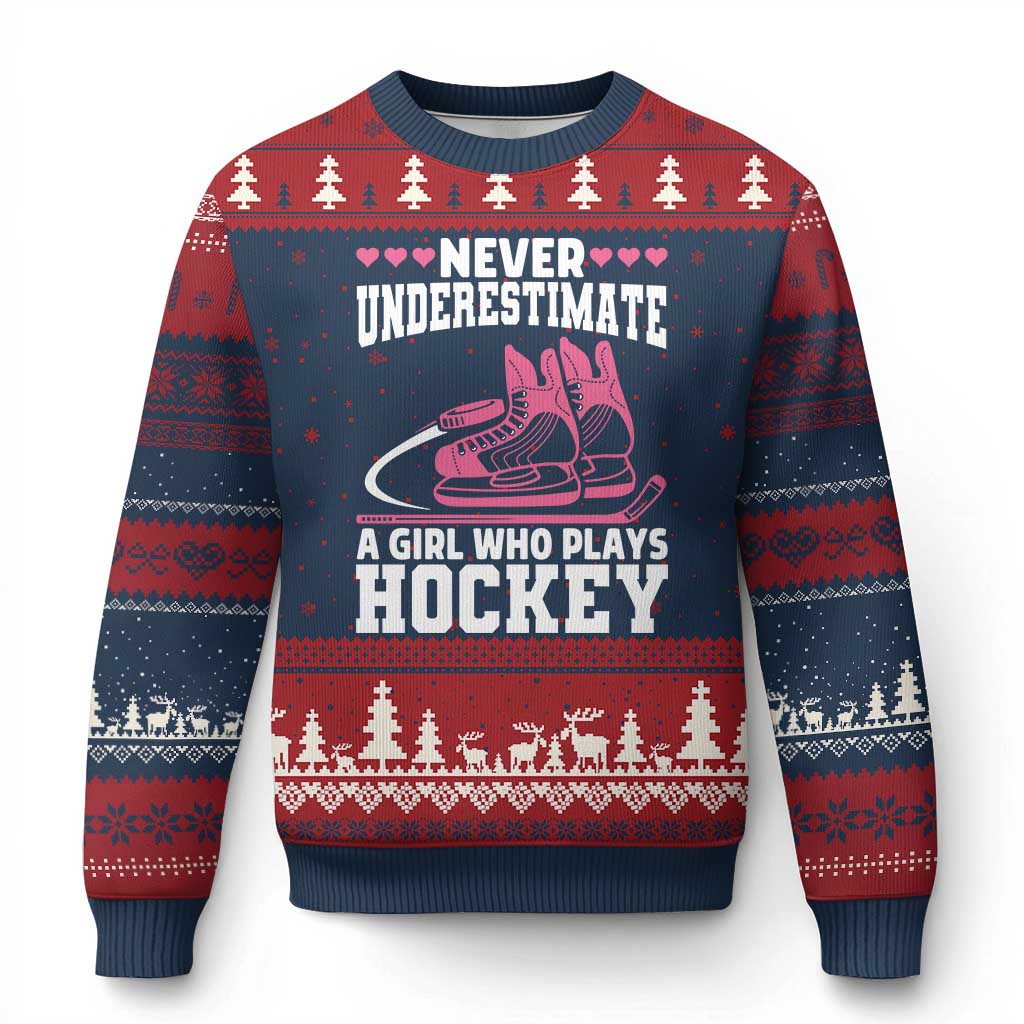 Never Underestimate A Girl Who Plays Hockey Ugly Christmas Sweater Gift For Women TS12 Navy Red Print Your Wear