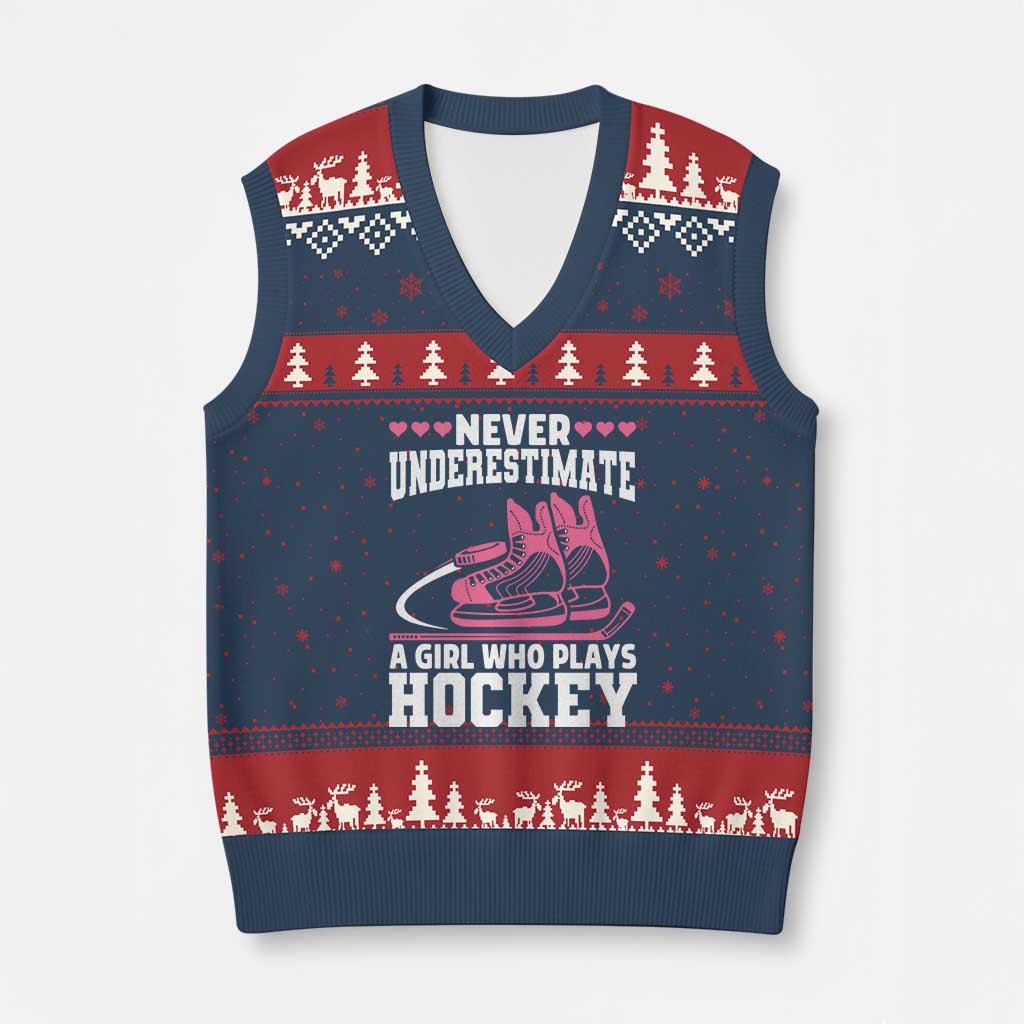 Never Underestimate A Girl Who Plays Hockey V-Neck Knit Sweater Vest Gift For Women TS12 Navy Red Print Your Wear