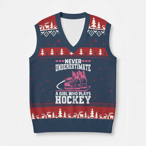 Never Underestimate A Girl Who Plays Hockey V-Neck Knit Sweater Vest Gift For Women TS12 Navy Red Print Your Wear