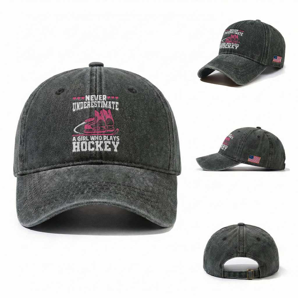 Never Underestimate A Girl Who Plays Hockey Washed Cotton Baseball Cap Gift For Women TS12 Washed Cap Universal Fit Dark Green Print Your Wear