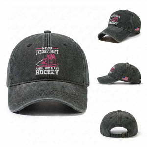 Never Underestimate A Girl Who Plays Hockey Washed Cotton Baseball Cap Gift For Women TS12 Washed Cap Universal Fit Dark Green Print Your Wear