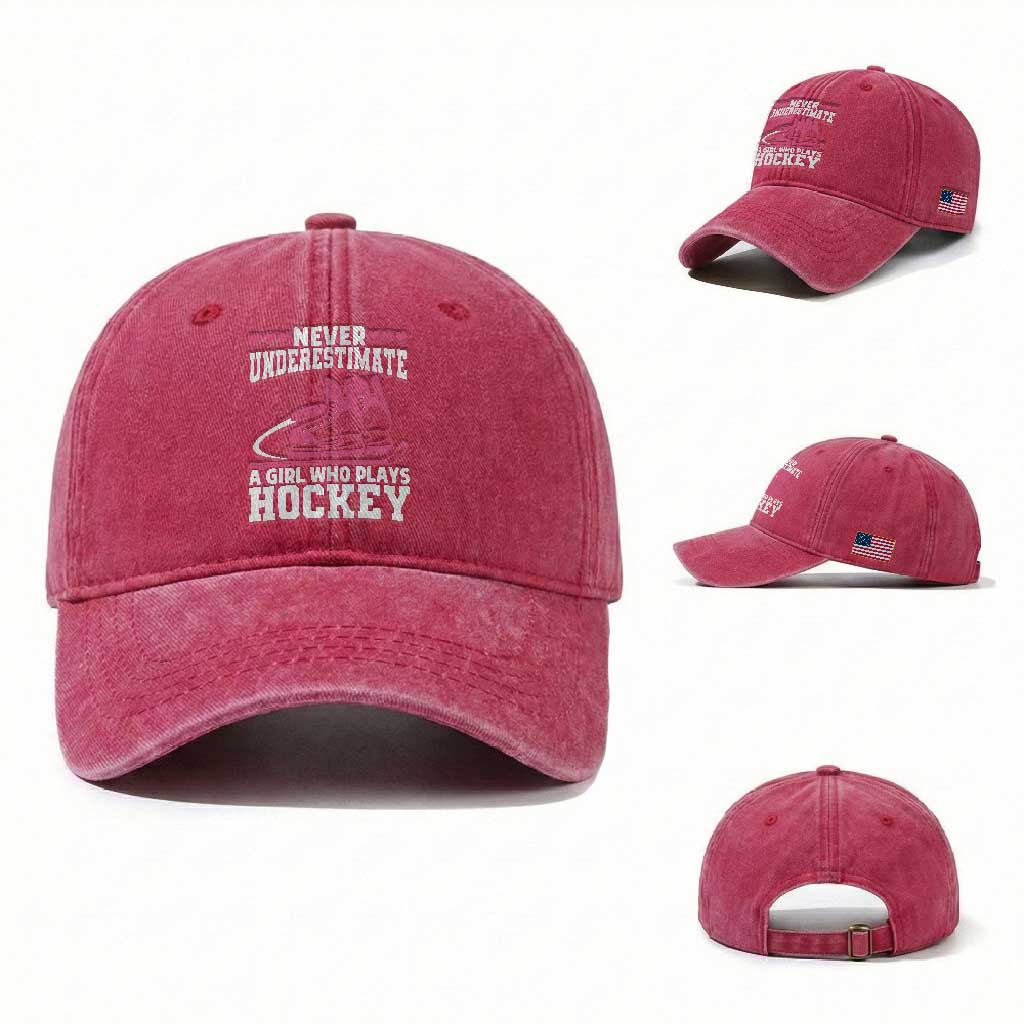 Never Underestimate A Girl Who Plays Hockey Washed Cotton Baseball Cap Gift For Women TS12 Washed Cap Universal Fit Red Print Your Wear