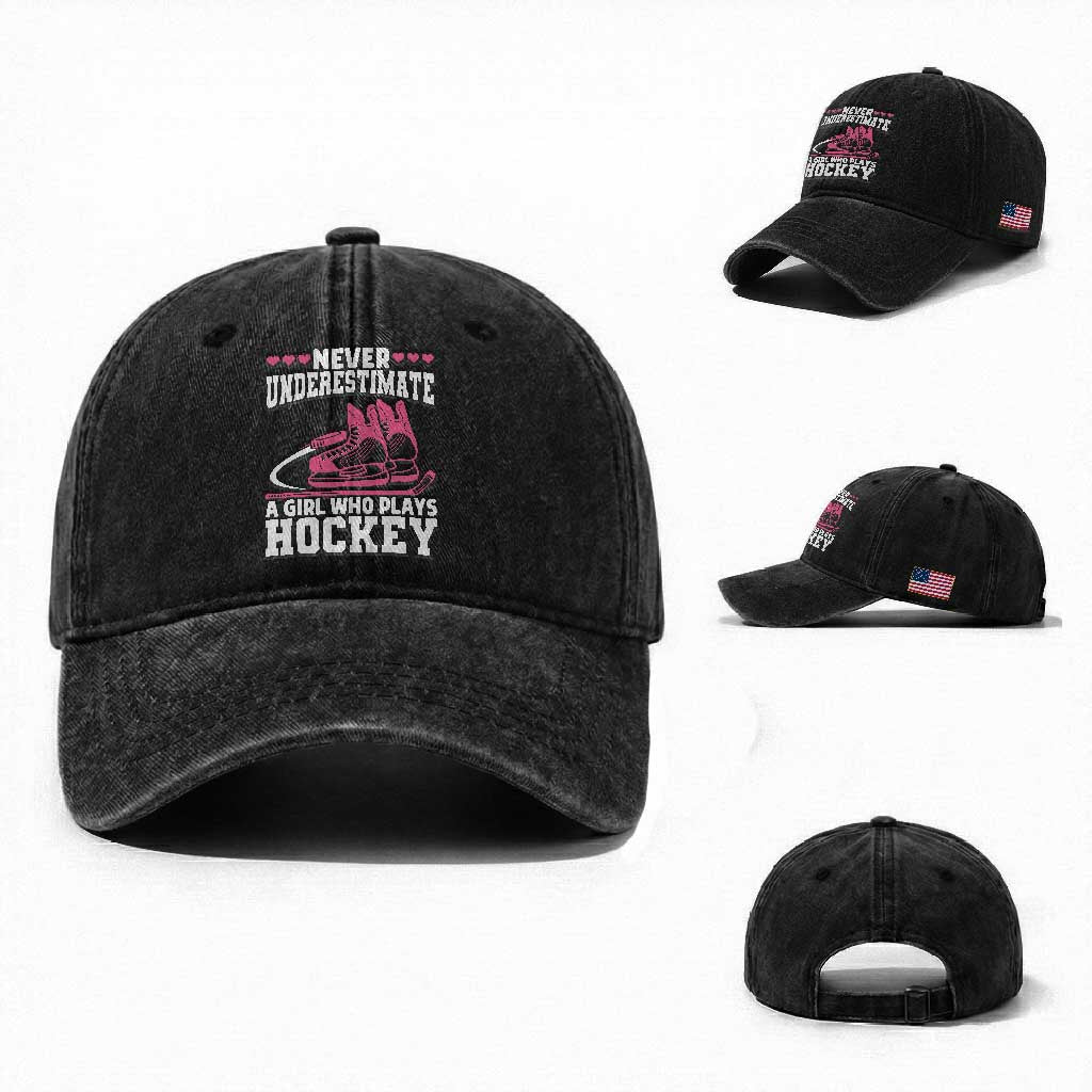Never Underestimate A Girl Who Plays Hockey Washed Cotton Baseball Cap Gift For Women TS12 Washed Cap Universal Fit Black Print Your Wear