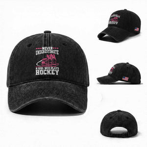 Never Underestimate A Girl Who Plays Hockey Washed Cotton Baseball Cap Gift For Women TS12 Washed Cap Universal Fit Black Print Your Wear