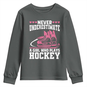 Never Underestimate A Girl Who Plays Hockey Youth Sweatshirt Gift For Women TS12 Dark Heather Print Your Wear