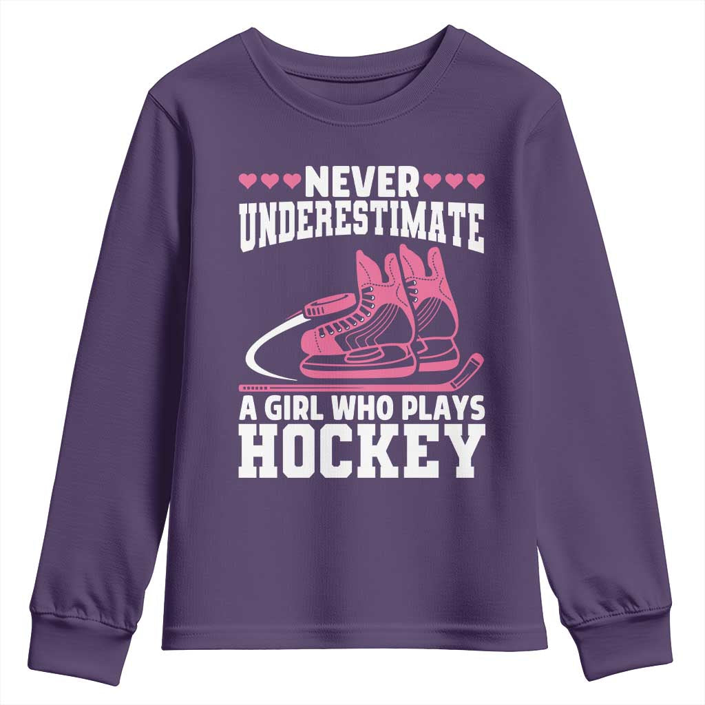 Never Underestimate A Girl Who Plays Hockey Youth Sweatshirt Gift For Women TS12 Purple Print Your Wear